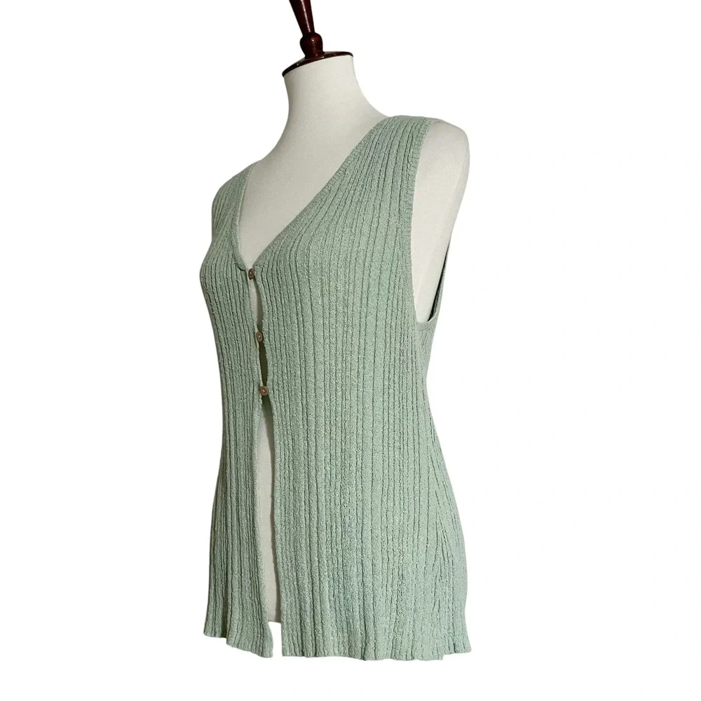 Free People Beach‎ Rhea Sweater Vest in Summer Sage  Ribbed Knit Button Front S